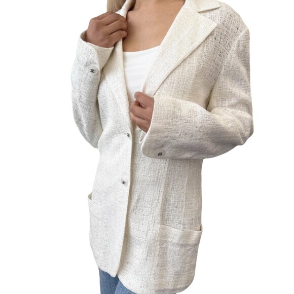CHANEL Vintage 98P CC Logo Button Boucle Tweed Blazer Jacket #38 White [106201] - Picture 3 of 12